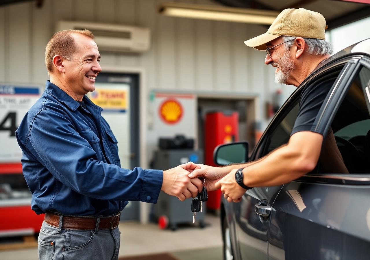 Mechanic handing keys to a happy customer at the auto repair shop