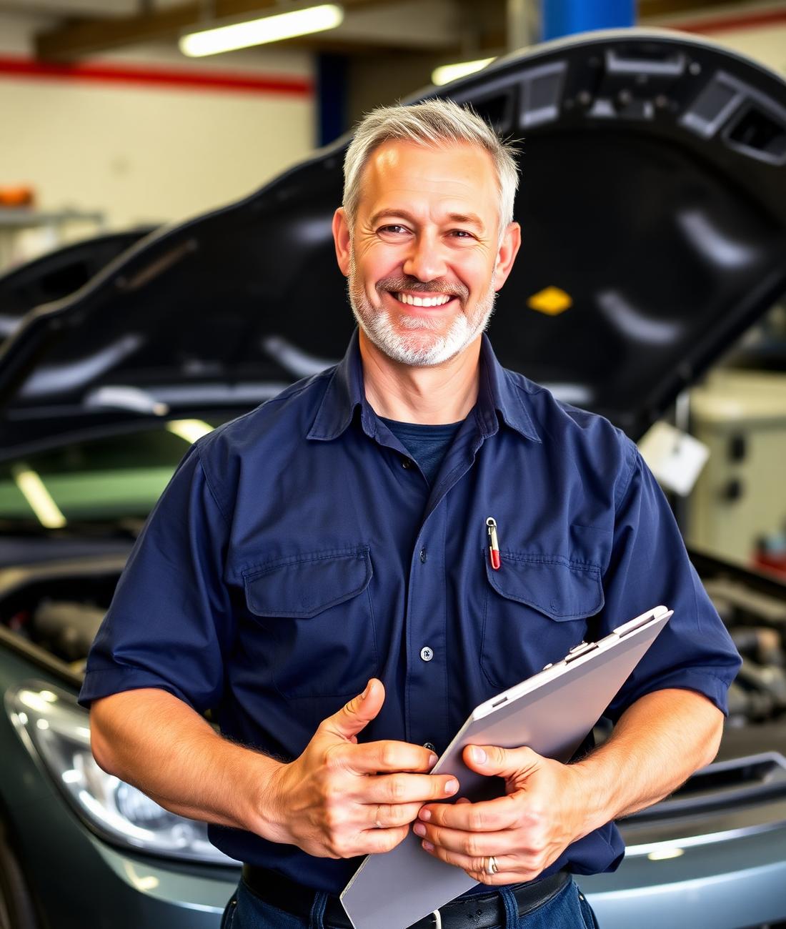Local Conroe auto mechanic in front of an open hood